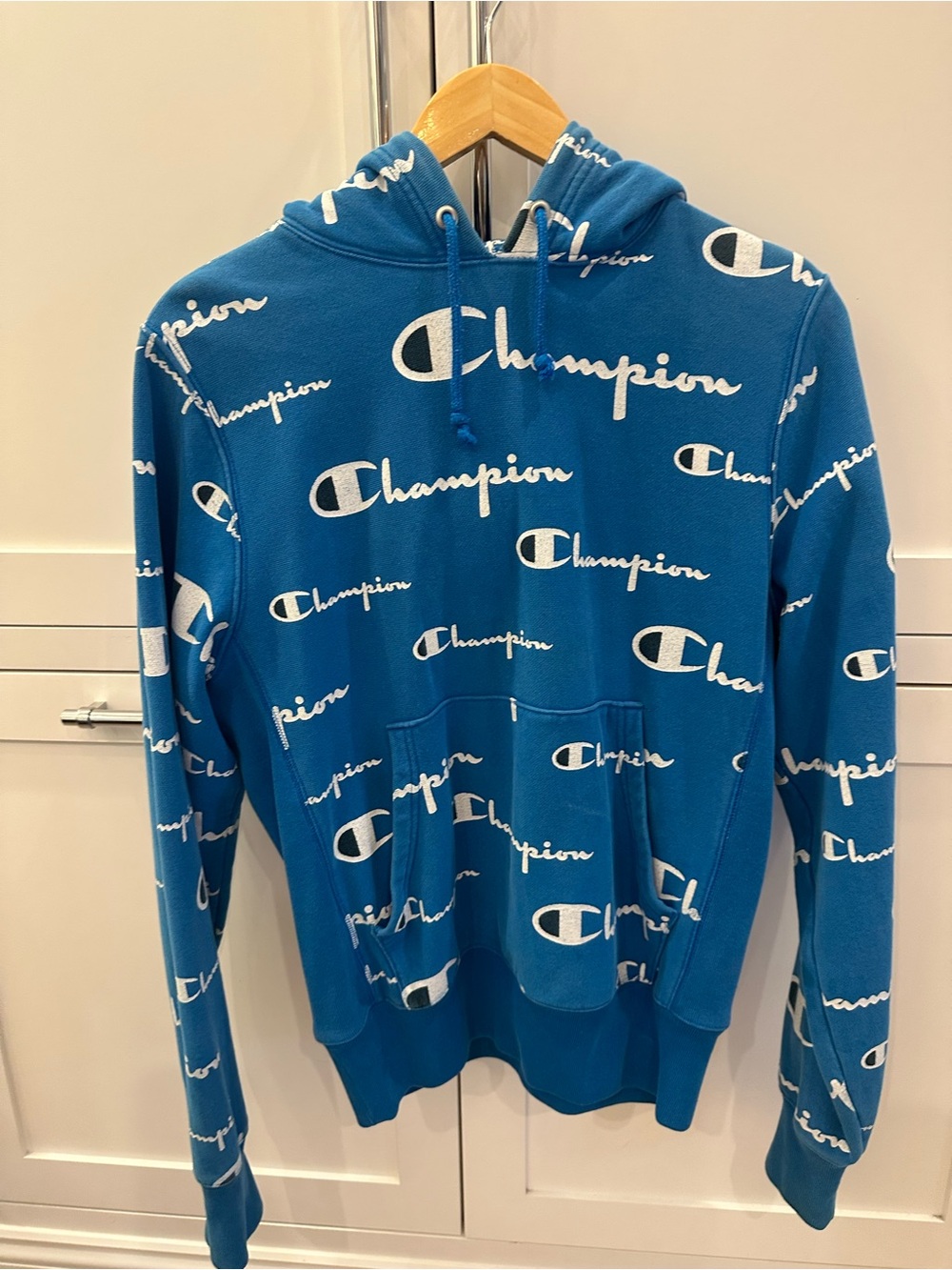 Champion Hoodie- Adult Small, blue, logo pattern